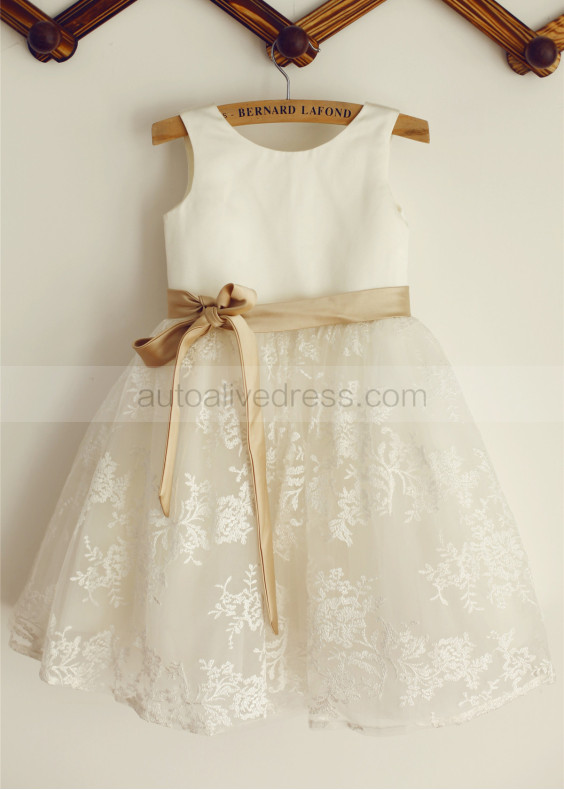 Ivory Satin Lace Knee Length Flower Girl Dress